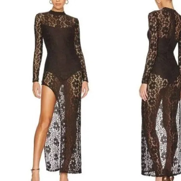 NBD Dresses & Skirts - NBD Lace Everleigh Gown Chocolate Brown Long Sleeve Maxi Dress Large NWT